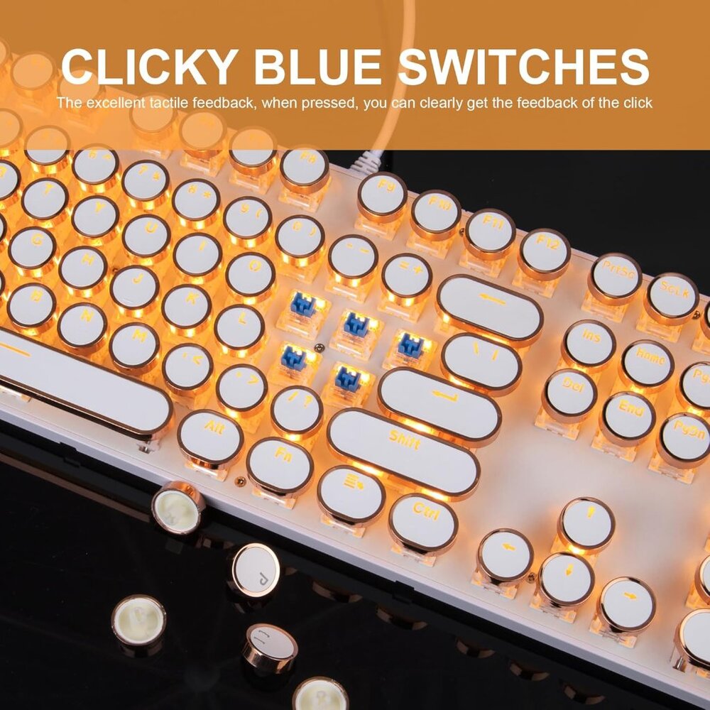 Typewriter Style Mechanical Keyboard, Retro Punk Gaming Keyboard with Gold LED B - Picture 5 of 8